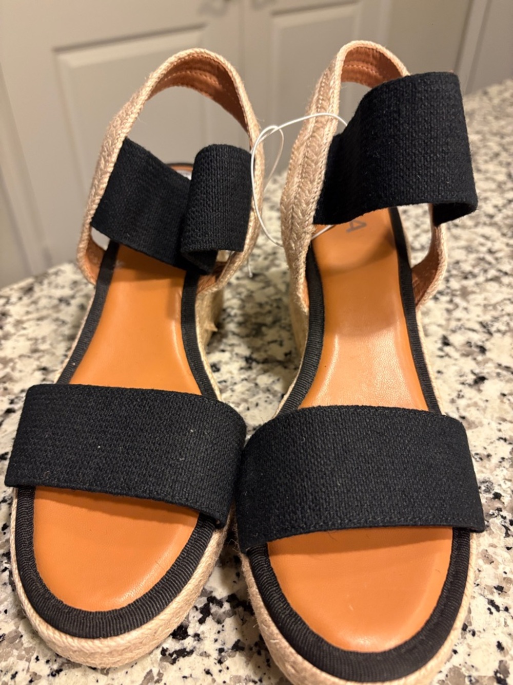 MIA Black Espadrille Wedge Sandals with Tan Jute Trim